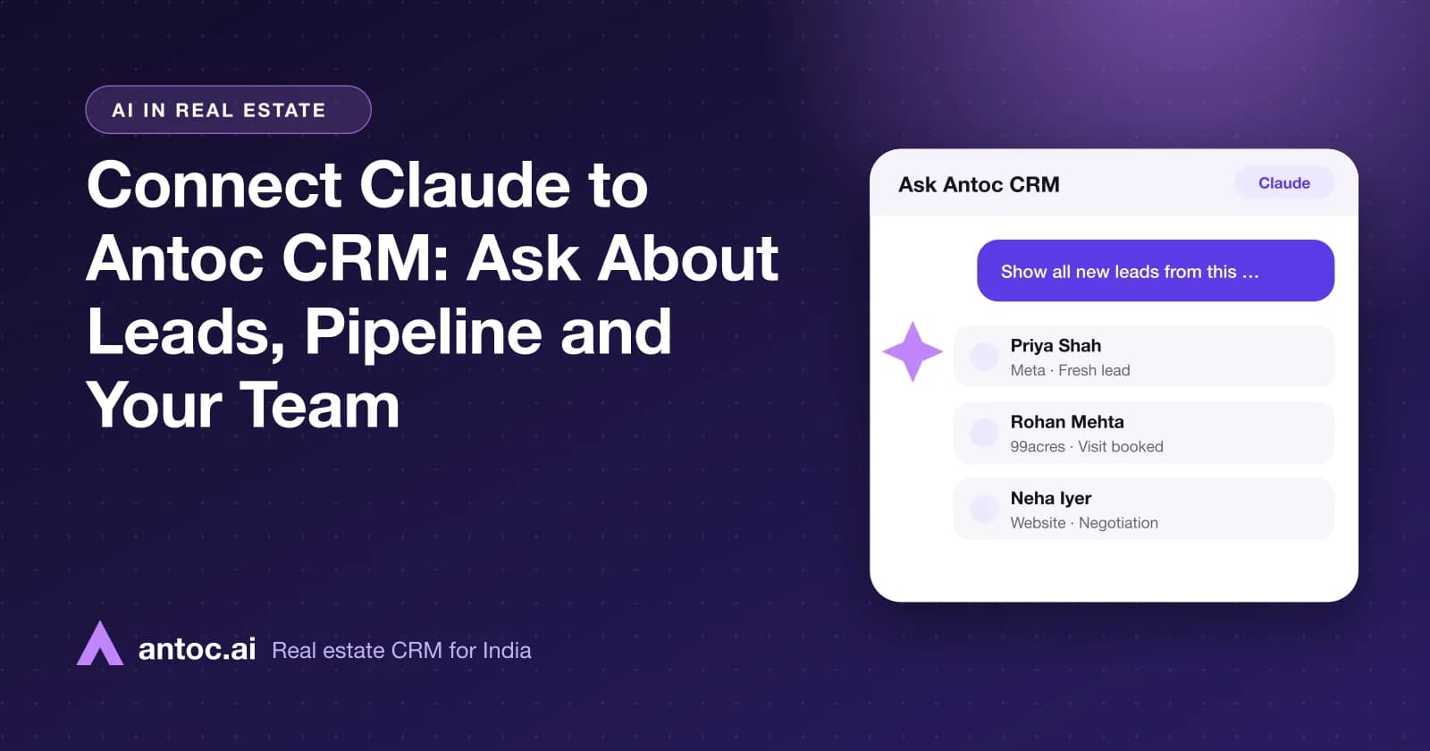 Antoc CRM connector in Claude summarising a real estate sales pipeline and team performance