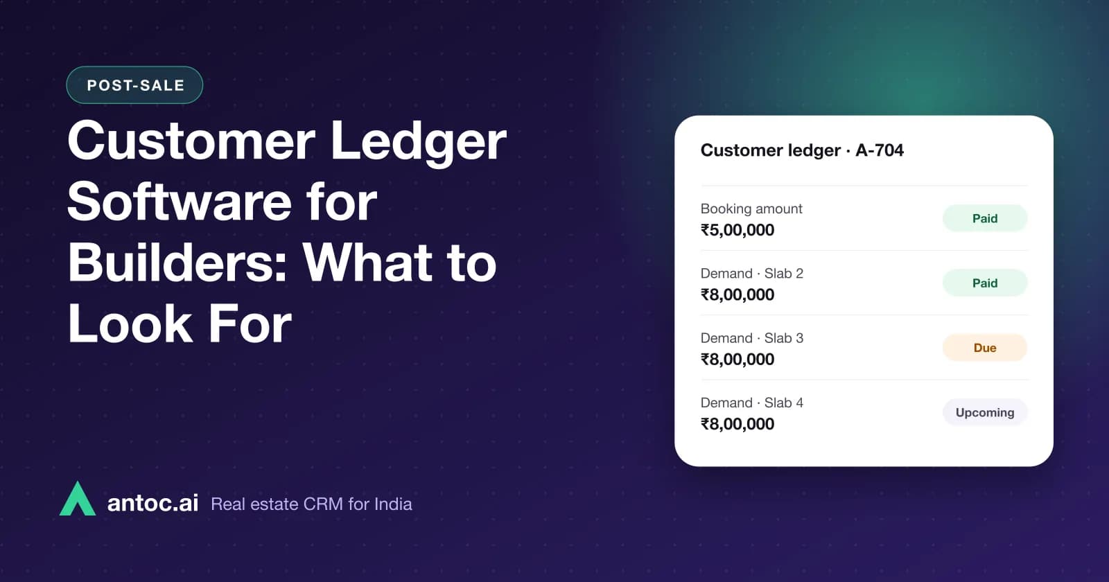 Cover showing a builder's unit-wise customer ledger with demands, receipts and outstanding balance