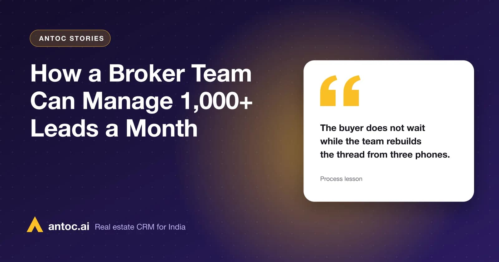Branded cover showing a 12-agent Mumbai broker team's lead dashboard handling over 1,000 leads a month