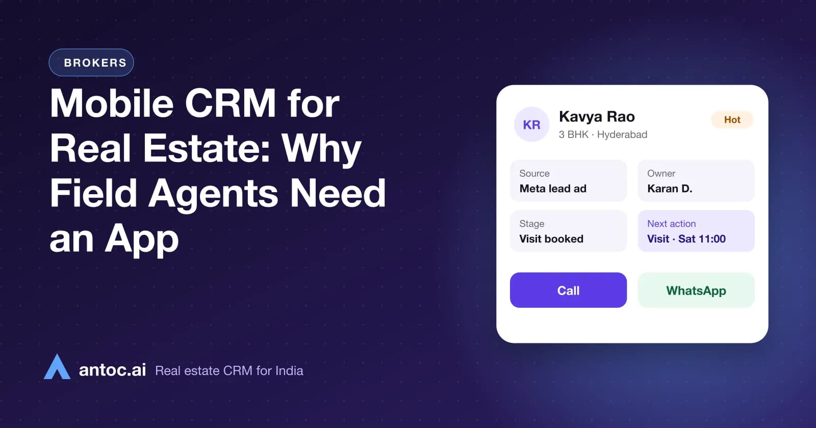 Branded cover showing a real estate field agent using a mobile CRM app to call, WhatsApp and share properties at a site visit