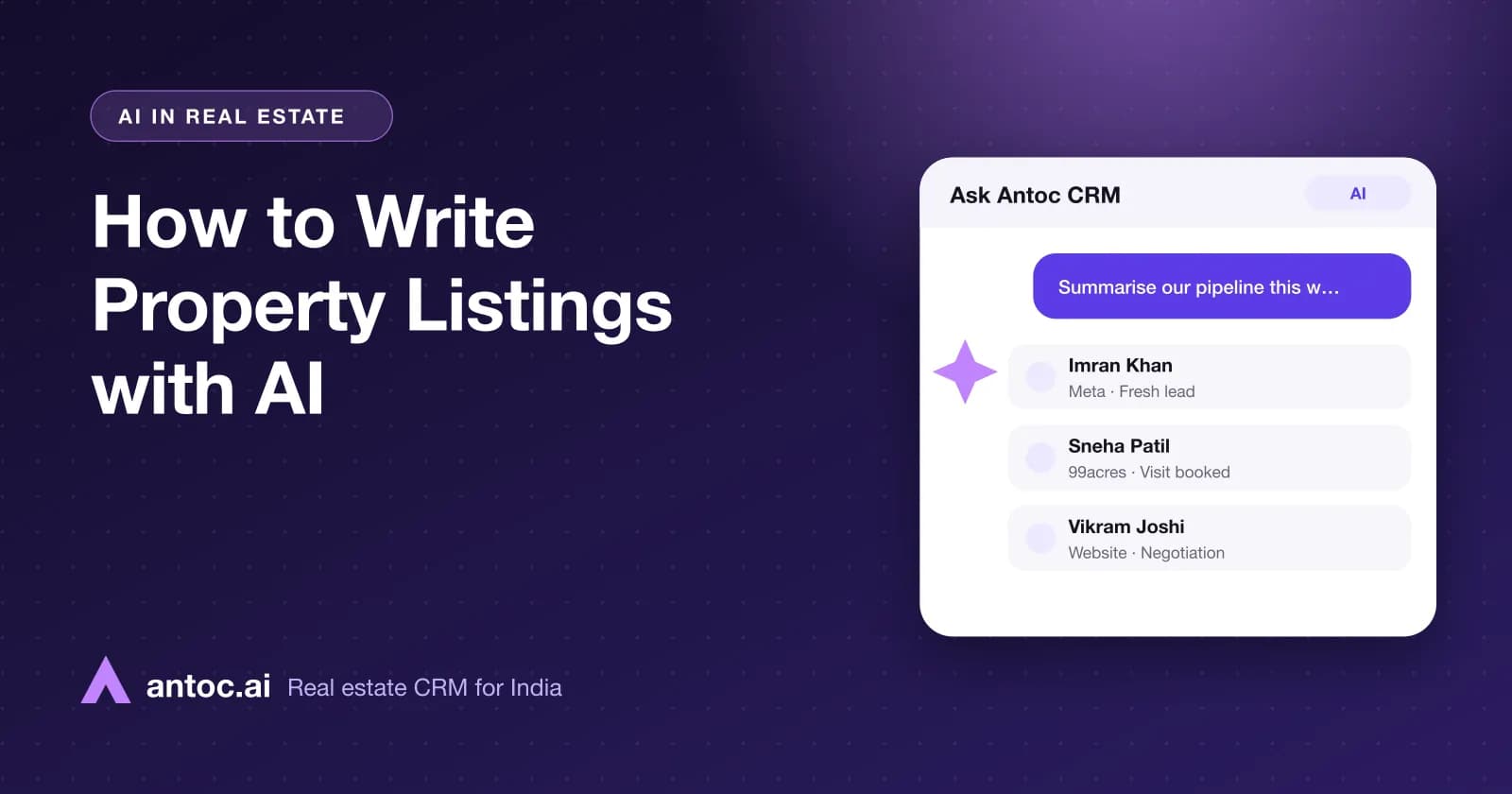 How to Write Property Listings with AI — illustrated cover for an Antoc guide on properties ai