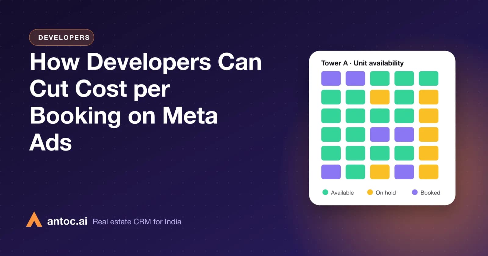 How Developers Can Cut Cost per Booking on Meta Ads — illustrated cover for an Antoc guide on real estate cost per booking