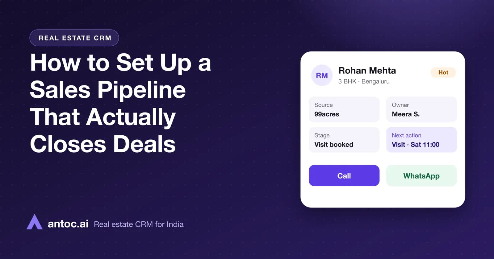 How to Set Up a Sales Pipeline That Actually Closes Deals — illustrated cover for an Antoc guide on real estate pipeline software