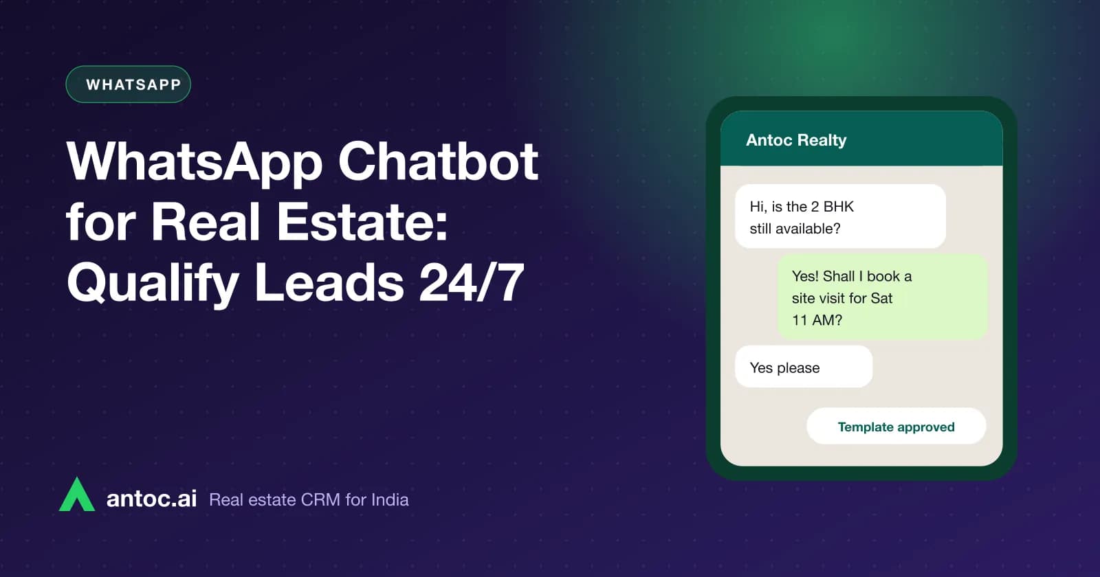 WhatsApp chatbot conversation qualifying a property buyer on budget, BHK and site visit slot