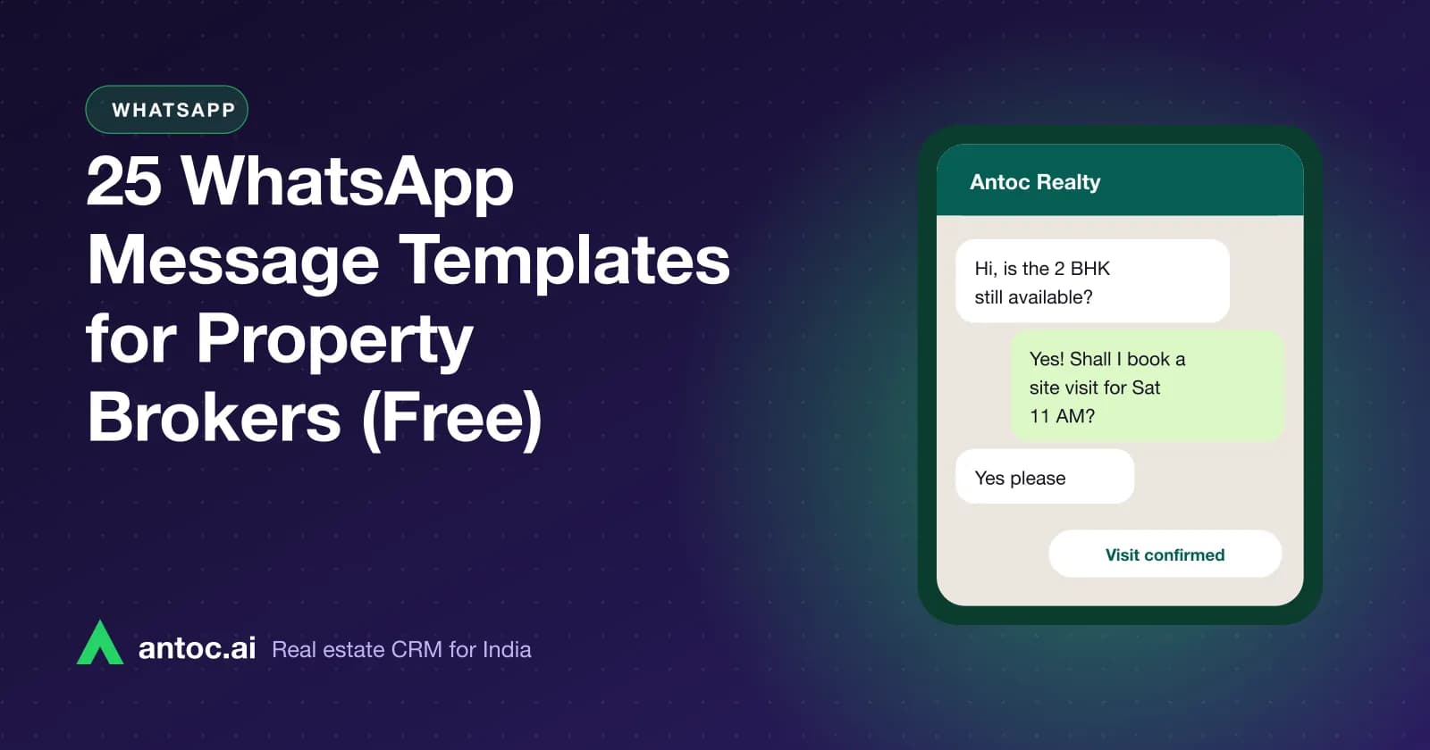 Phone screen with ready-to-use WhatsApp message templates for property brokers and buyers