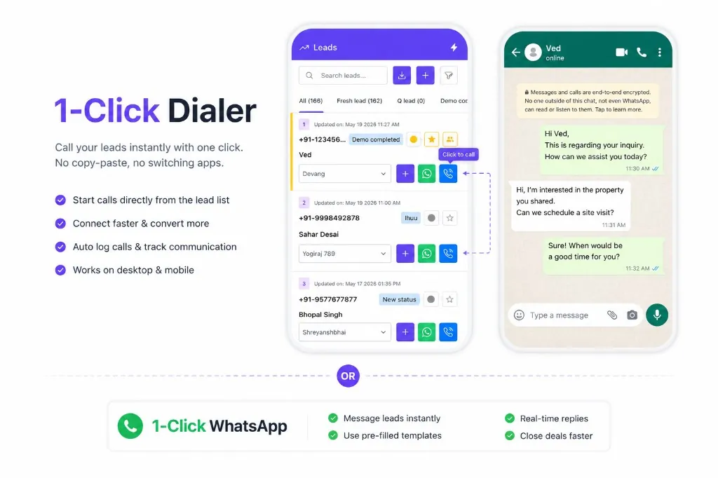 Antoc mobile lead list with 1-click dialer and 1-click WhatsApp buttons on each lead
